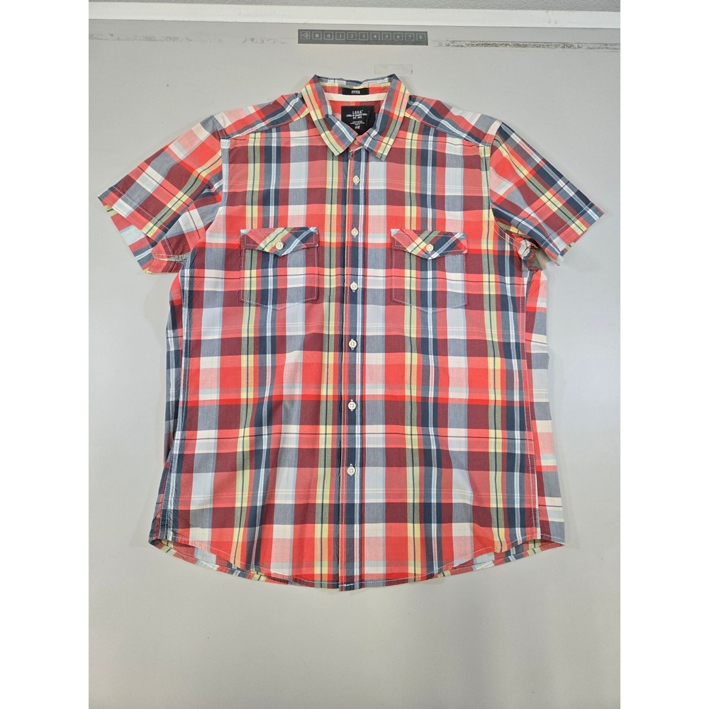 H&M LOGG Mens Large Red Blue Plaid Short Sleeve Button Up Fitted Shirt Cotton